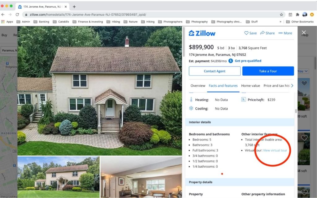 view virtual tour button location on Zillow property website